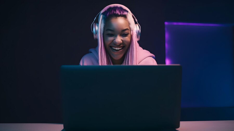 A woman with a headphone attending a virtual event